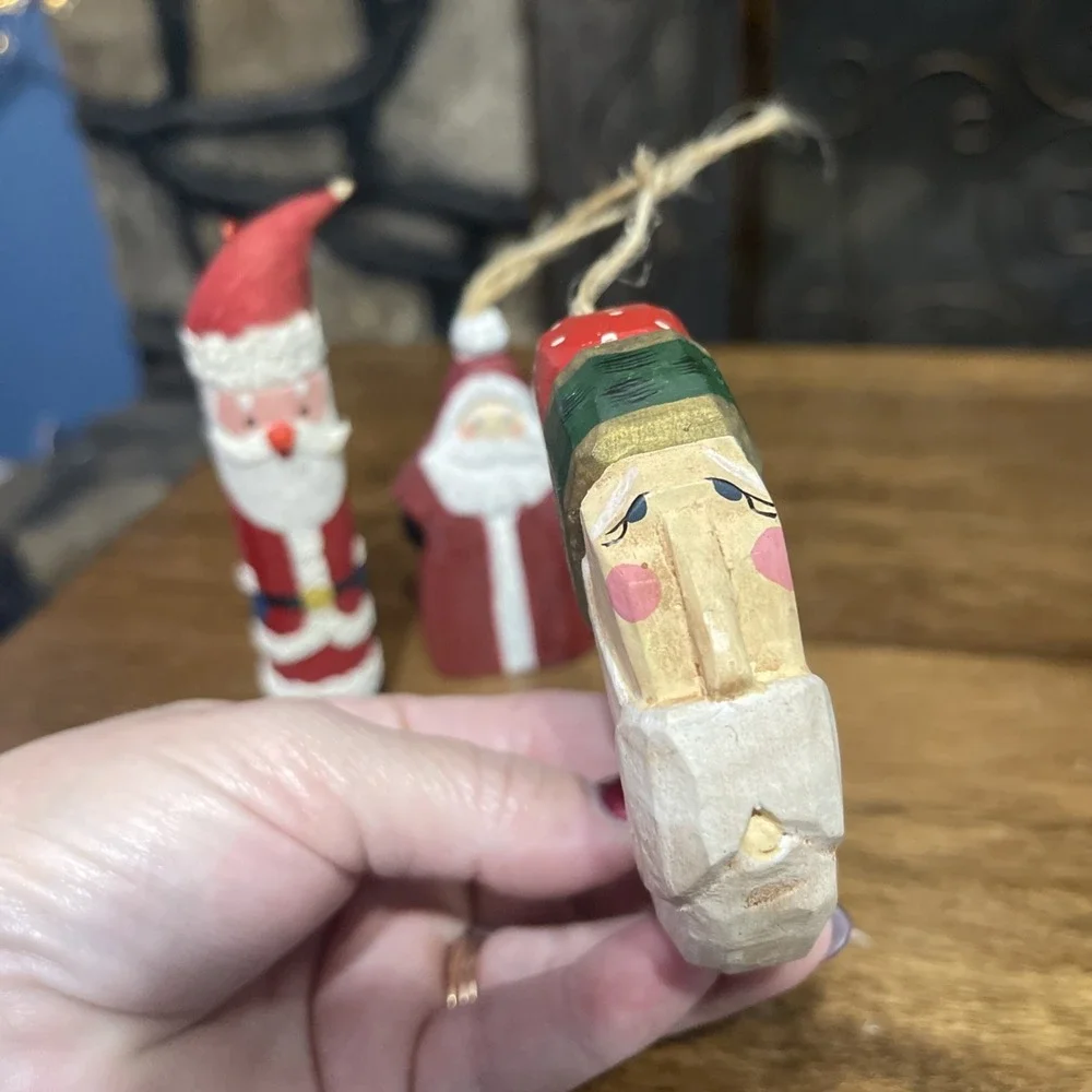Lot Of 3 Santa Christmas Ornaments Wood , Papier-Mâché Santa Moon & Star Hanging